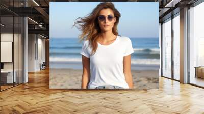 White blank t shirt mock up. Woman on the beach Wall mural