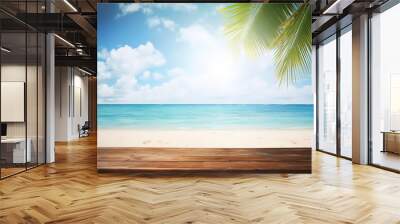 The wooden table above the beach and the palm leaves with a blurry background, Wall mural