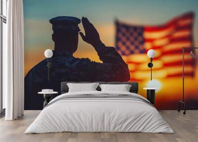  a soldier's silhouette saluting against the backdrop of an American flag and sunrise, symbolizing national pride and heroism.  Wall mural