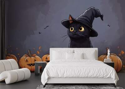 Black cat with a witch hat sitting between halloween pumpkins  on a grey background with copy space.  Wall mural