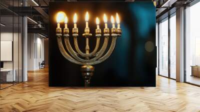 Candles burning bright on a menorah for the jewish holiday of hanukkah, with a warm bokeh background Wall mural