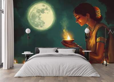 illustartion Indian woman holding a diya (oil lamp),  and a full moon in the background. KARWA CHAUTH celebration Wall mural