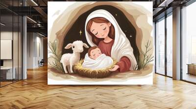 Virgin Mary holding baby Jesus in stable with lamb looking on in cave. The nativity scene.  Wall mural