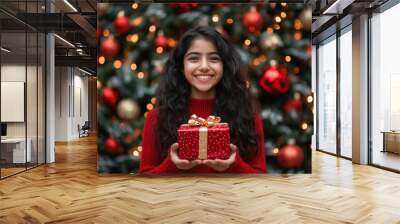 Young indian girl happily holding a christmas gift, standing in front of a beautifully decorated christmas tree Wall mural