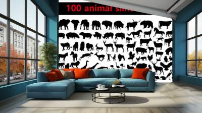 Collection of animal silhouettes on white background Wall mural