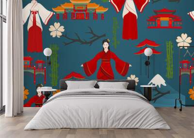 Seamless vector pattern with chinese traditional symbols. Chinese bride. Wall mural