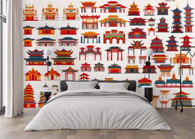 Set of Chinese temples, gates and traditional buildings on a light gray background	 Wall mural