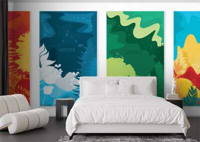 Set of vector posters with seasons and plants on different backgrounds.	 Wall mural