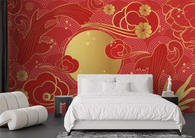 Vector banner with traditional Chinese elements and ornament. Koi carp in gold color on a red background with peony flowers. Chinese background.	 Wall mural