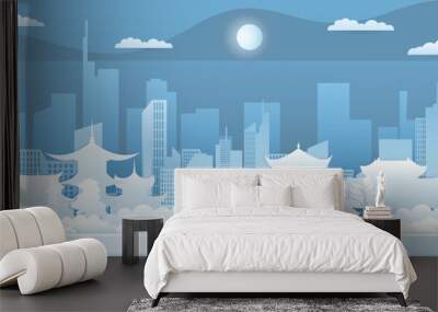 Vector poster with a view of the architecture of China. City landscape. Asian city. Wall mural