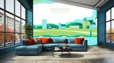 Vector poster with nature and city views.Suburban houses with skyscrapers and trees. Vector city.	 Wall mural