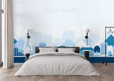 Vector poster with the city in blue. Modern city with trees, buildings and a bridge. Wall mural