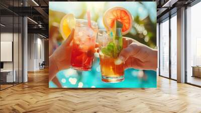 A photo of a close-up of hands toasting with summer cocktails at a poolside party, with a sunlit, refreshing background,  Wall mural