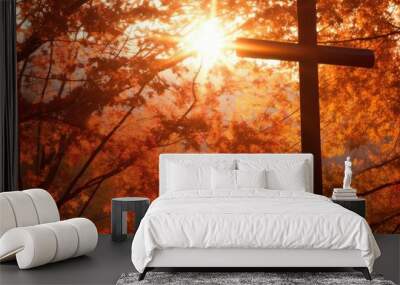 cross christ at autumn forest tree, with rays divine lights Wall mural