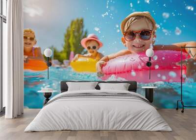 family playing together in a pool on a summer holiday, with colorful floaties and a bright blue sky  Wall mural