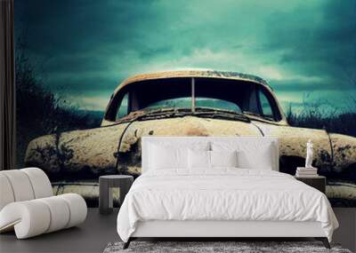 Abandoned vintage car in a rusty condition. 3D illustration Wall mural