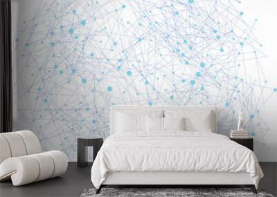 Abstract polygonal communication network, technology wireframe, connected blue  lines and greendots, globe model background  Wall mural