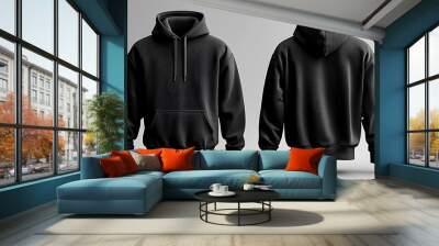 Blank black hoodie template, front, and back view on white background. Wall mural