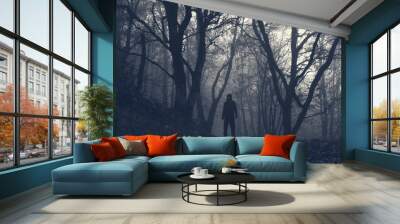 A hooded scary figure with glowing eyes. Standing in a spooky winter forest on a foggy day. With a monochrome edit Wall mural