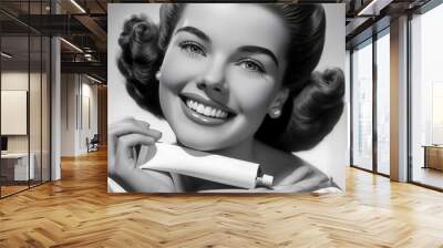 1950s female model advertising a tube of cream, or toothpaste with blank copy space for logo brand Wall mural