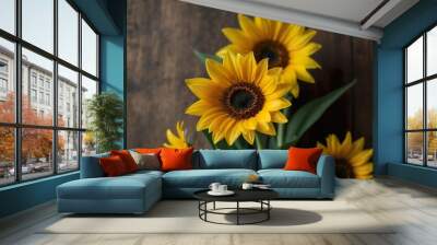 sunflowers on a wooden background Wall mural