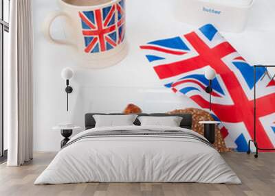 English sausage sandwich with, brown sauce, cup of tea and flag Wall mural