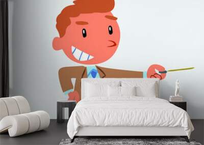  happy cartoon character of businessman points with pointer to the side. Wall mural