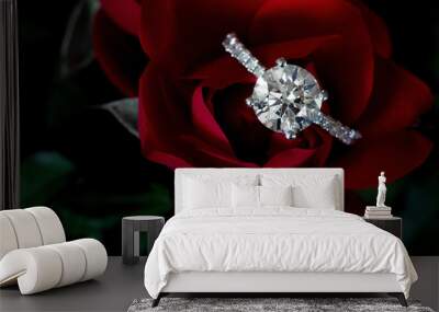 1.5 Carat Diamond Ring On Red Rose And Green Stem Leaves Wall mural