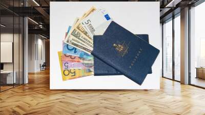 2 well worn Australian passports and currency from US, Europe and Australia. Wall mural