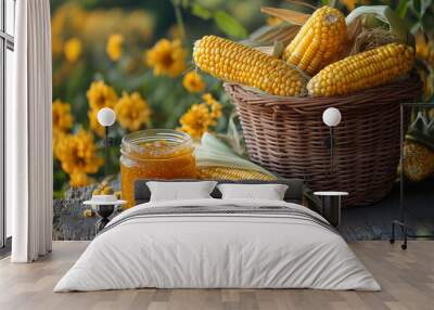 A basket of freshly harvested corn ears and a jar of homemade jam, placed on a rustic wooden table with a backdrop of a farm field. Wall mural