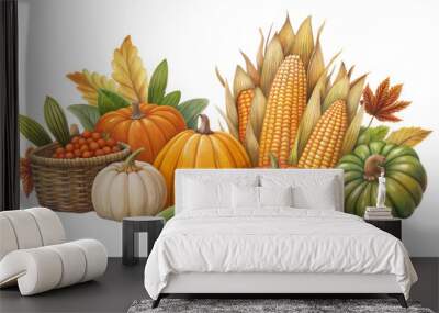 A colorful arrangement of autumn vegetables featuring pumpkins, corn, and various gourds showcased with vibrant leaves in a seasonal display isolated on transparent background Wall mural