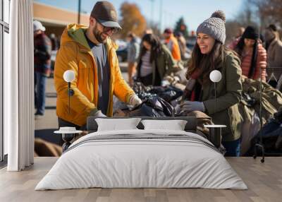 A group of volunteers organizing a clothing drive for those in need, promoting warmth and dignity for all. Wall mural