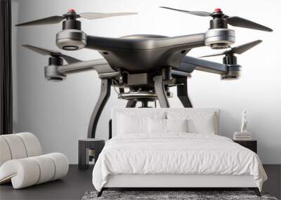 A high-tech drone equipped with a camera, designed for aerial photography and videography, showcasing its sleek design and advanced features isolated on transparent background Wall mural