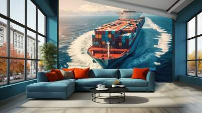 A large container cargo ship travels over calm, blue ocean. Ship in import export and business logistic. Aerial view Wall mural