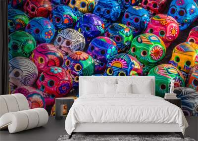 Mexican Culture Fiesta: Colorful (colourful) traditional Mexican/hispanic painted ceramic pottery Day of the Dead (Dia de los Muertos) skulls on display at a market in Mexico.  Wall mural