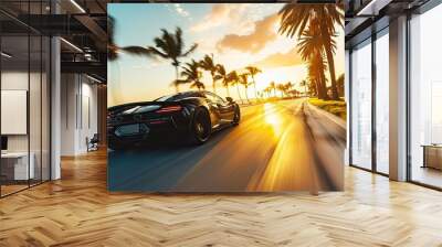 A sports car speeds along the Miami Beach coastline, surrounded by palm trees, exuding a sense of speed. Wall mural