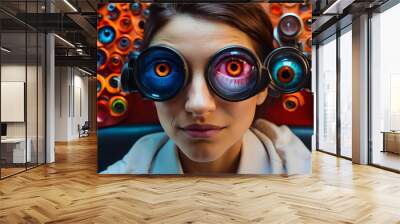 A woman sitting in an eye doctor chair. Wall mural