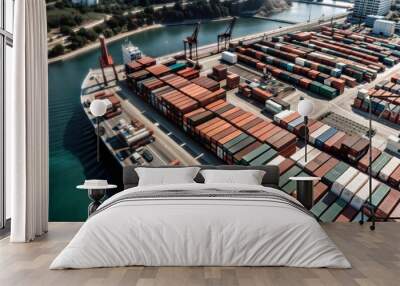 Aerial view of busy shipping container port Wall mural