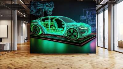 An electric car viewed with augmented reality as a projection or hologram in a high-tech laboratory. Generative ai Wall mural