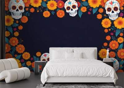 a frame of day od the dead sugar skulls and flowers with a black background for a frame Wall mural