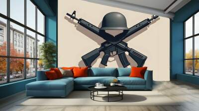 a simple vector illustration of two black rifles gun crossed with a military helmet on it Wall mural