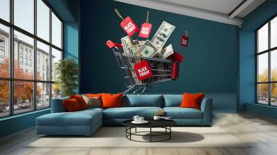 black friday shopping cart with a lot of money and black friday tags Wall mural