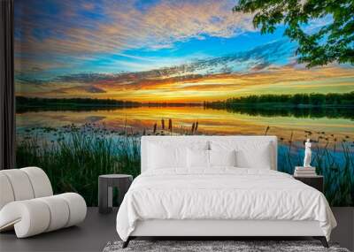 Sunset over Calm Lake with Cattails Wall mural