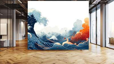 Artistic illustration of dramatic ocean waves and red sun isolated on transparent background Wall mural