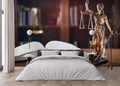 Attorneys Desk with Legal book and lady justice Wall mural