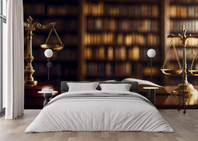 Banner of the scales of justice and law books short depth of field, empty space in middle for possible text Wall mural