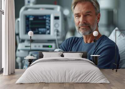 A man checks his blood pressure with a measuring device. Avoidance of bulk hypertension, scarcity, precaution, Ai generated Wall mural