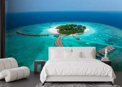 Aerial View, Maldives, North Malé Atoll, Indian Ocean, Thulhagiri Island Resort with Water Bungalows Wall mural