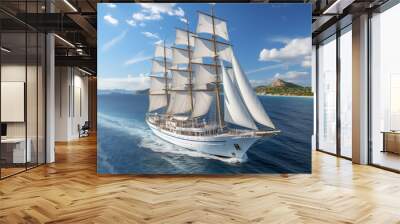 Aerial view modern multi-masted cruise sailing ship, AI generated Wall mural