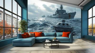 Danger to shipping and shipping routes of cargo ships and warships due to sea mines in the sea Wall mural